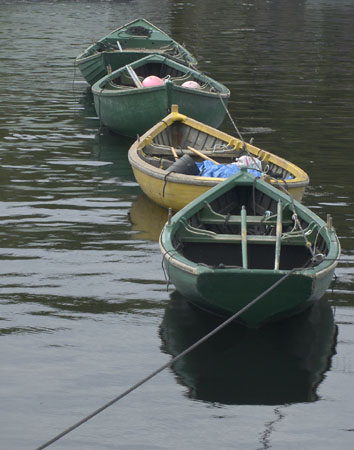 {rowboats alone in a line